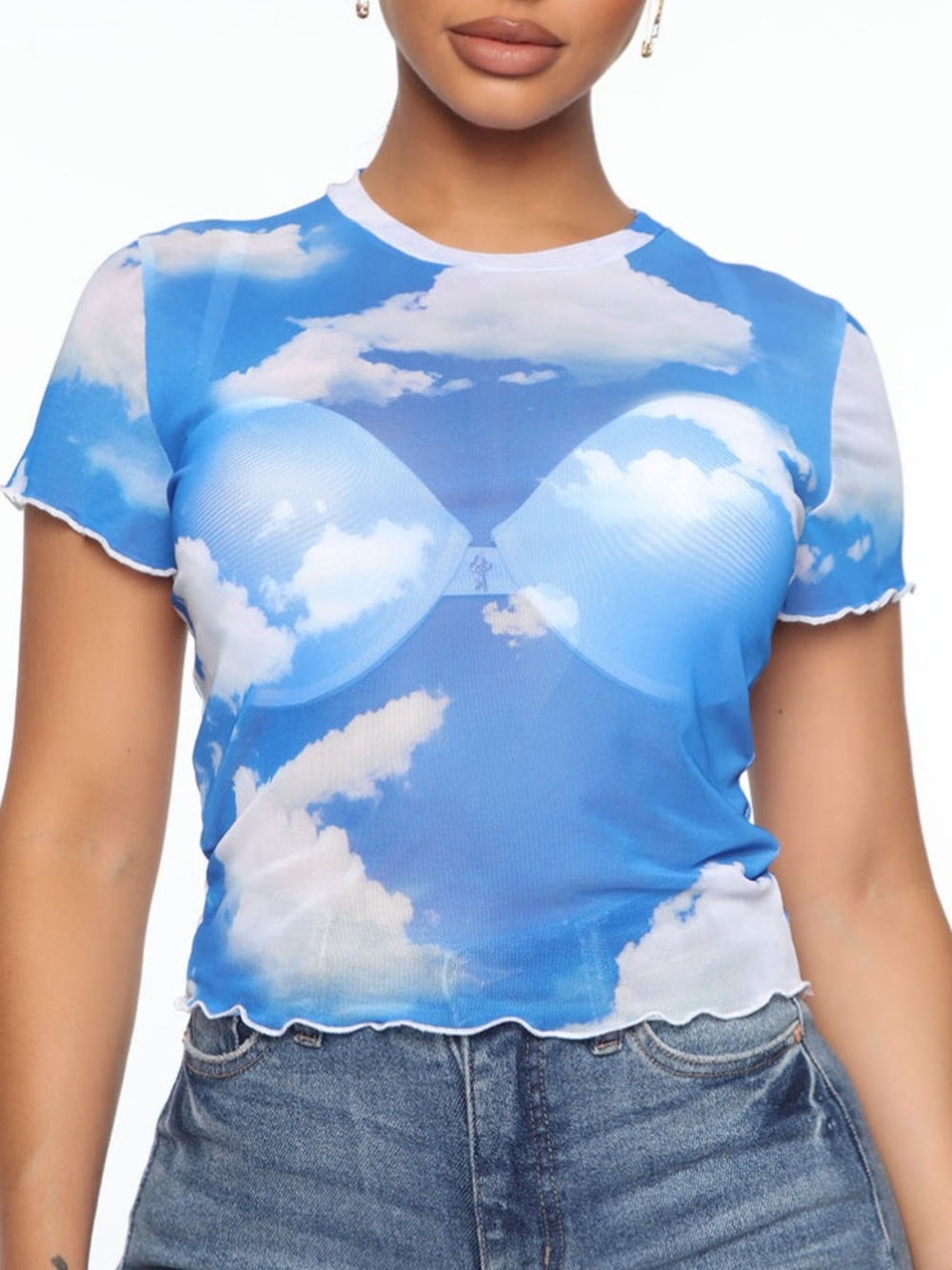 Fashion Nova Cloud Nine Mesh Crop Top - Sky Blue